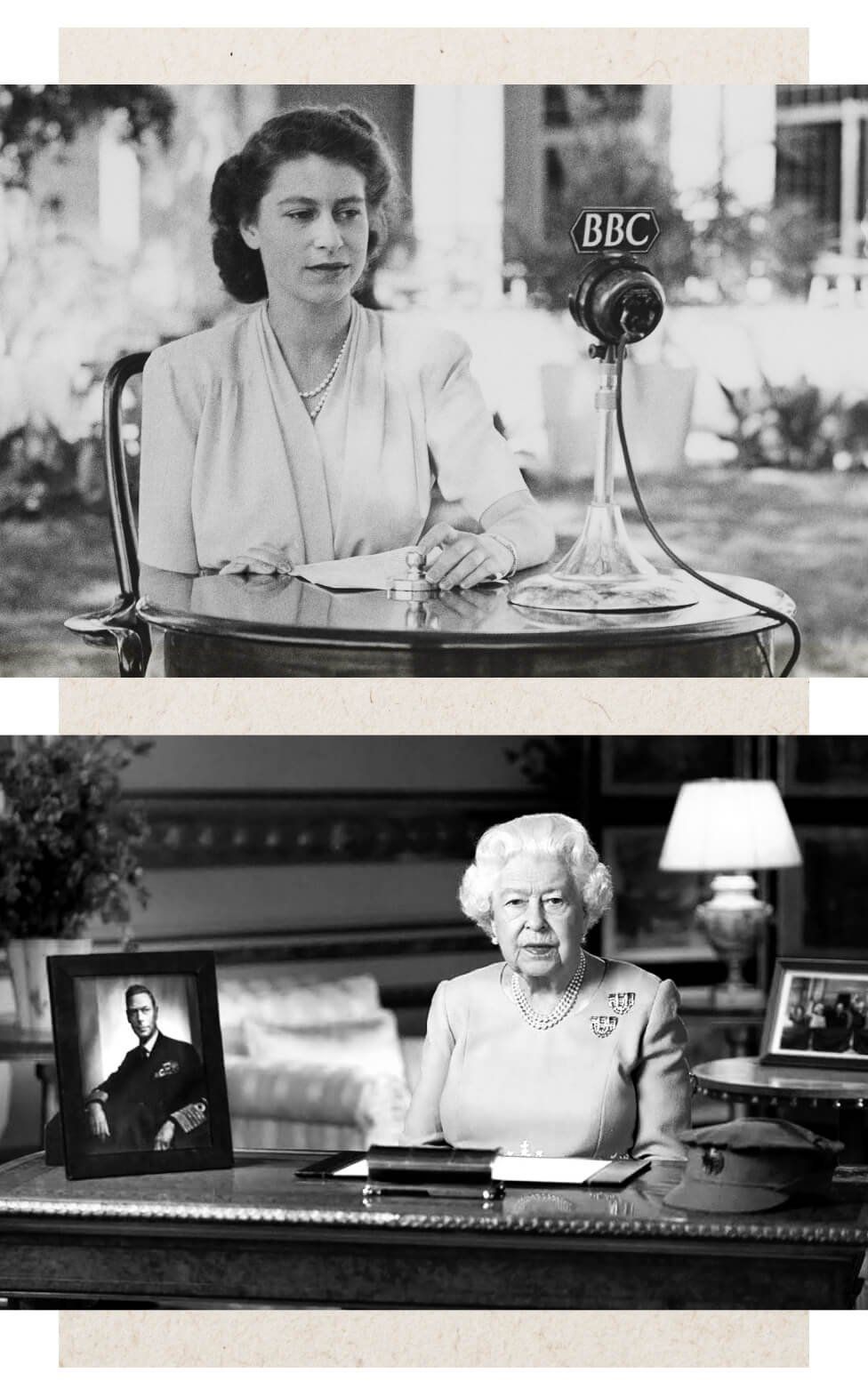 Two pictures of Queen Elizabeth II, the top one is her aged 21 at before a radio microphone, the bottom one is her say at a desk with a picture of her father next to her