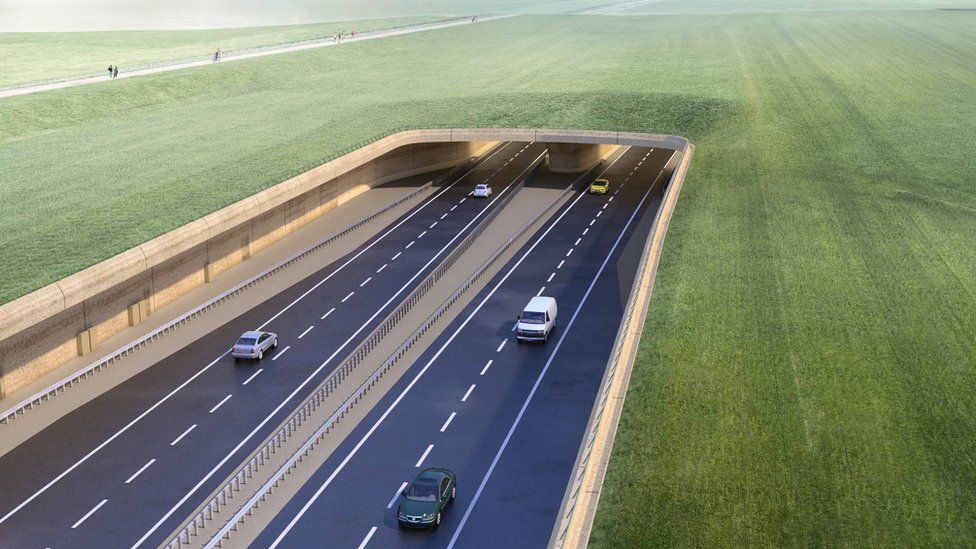 Stonehenge tunnel artist's impression showing cars entering the tunnel