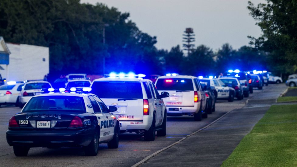 Lafayette police vehicles outside the Grand Theatre in Lafayette, Louisiana - 23 July 2015