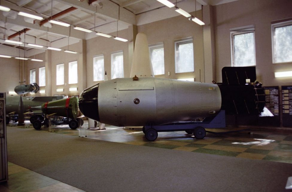 The world's most powerful hydrogen bomb on display at an arms museum in sarov, russia, it is nick-named 'kuzkina mat' nikita khrushchev's threat, in memory of the famous address of the soviet leader to the united nations in which he threatened the west, 2003.