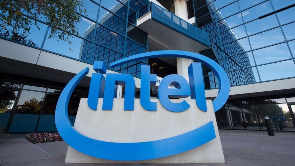 Intel company logo outside an office building