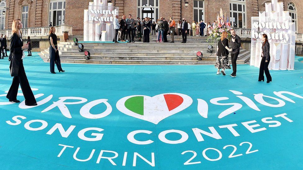 Eurovision logo on a carpet in Turin in May 2022