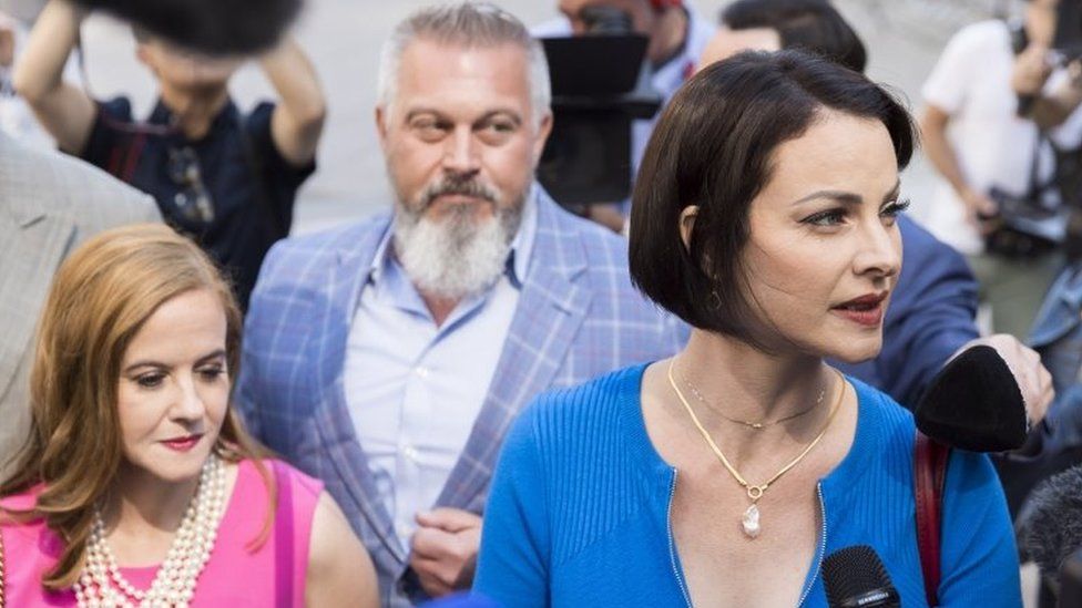 Sarah Ransome (R) and Elizabeth Stein, alleged sexual abuse victims of Jeffrey Epstein, arrive to the United States Federal Courthouse to attend the sentencing hearing for Ghislaine Maxwell, who was convicted last year on sex trafficking charges related to her time working with Epstein, in New York, New York, USA, 28 June 2022.