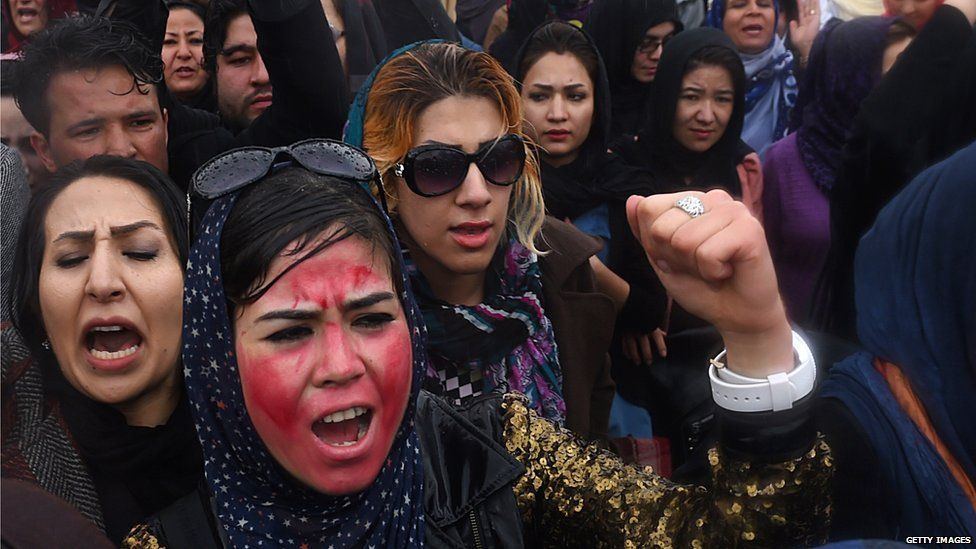 Afghan protesters shout slogans during a rally in front of the Supreme Court in Kabul on March 24