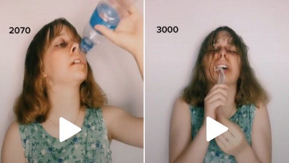 On the left Anna is shown drinking water from a plastic bottle and on the right she is choking on plastic.