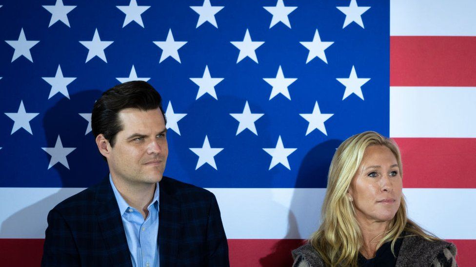 Rep. Matt Gaetz (R-FL) and Rep. Marjorie Taylor Greene (R-GA) look on as D Vance, a Republican candidate for US Senate in Ohio, speaks during a campaign rally at The Trout Club on April 30, 2022 in Newark, Ohio.