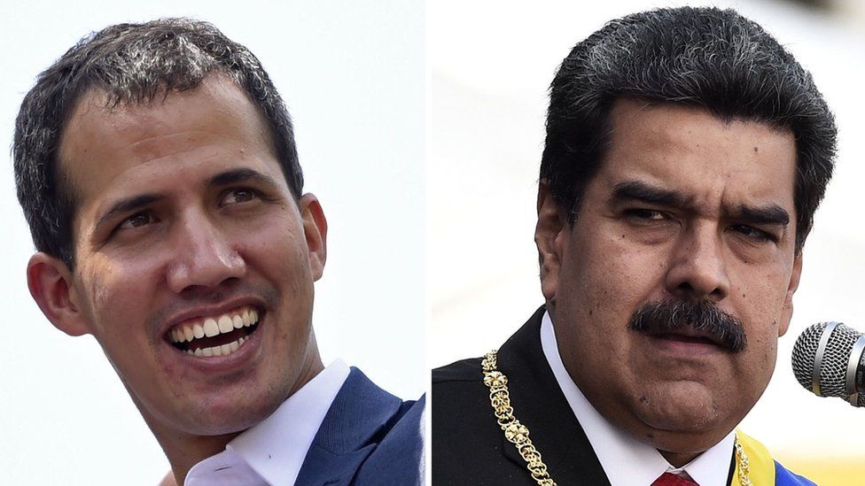 A composite picture shows Venezuelan opposition leader Juan Guaidó (L) smiling during a gathering of supporters in Caracas in February, 2019, and Venezuelan President Nicolás Maduro delivering a speech during the ceremony of recognition by the Bolivarian National Armed Forces (FANB) in Caracas in January 2019