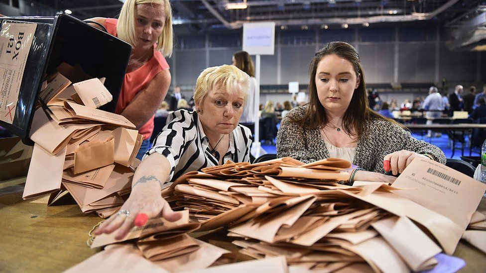 Counting staff check ballot papers in the Scottish Parliament elections at the Emirates Arena on May 5, 2016 in