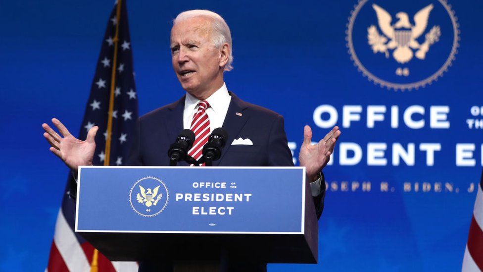 President-elect Joe Biden delivers remarks about the U.S. economy during a press briefing at the Queen Theater on November 16, 2020 in Wilmington, Delaware