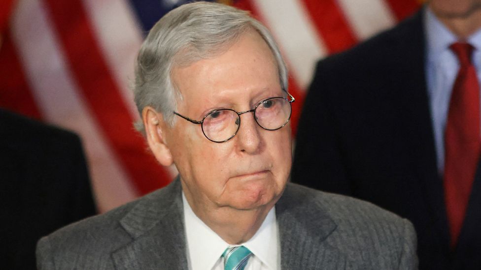 US Senate Minority Leader Mitch McConnell speaking to reporters