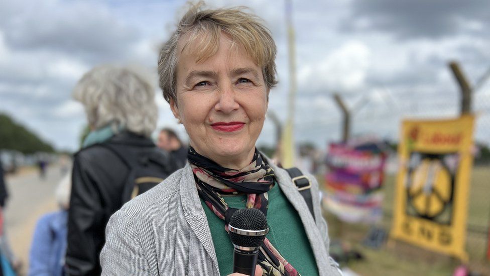 Kate Hudson, General Secretary of the Campaign for Nuclear Disarmament, at Lakenheath, Suffolk