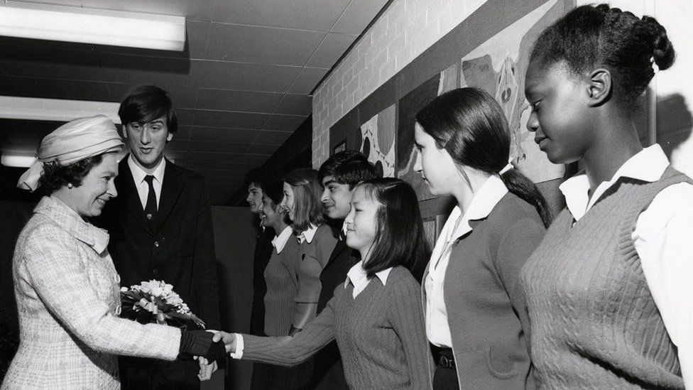 Queen Elizabeth II talking to pupils of John Bunyan Upper School at the opening of John Bunyan Centre, Bedford, 11 May 1976