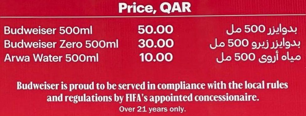 A price list at a fan zone, where alcohol will be served - 50 Qatari rial is equal to £11.50, or $13.70