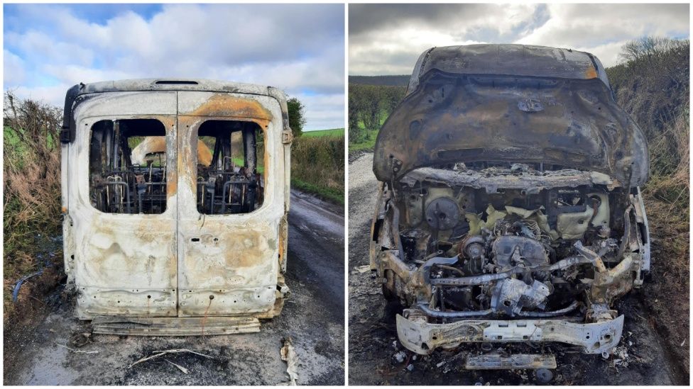 Two images of a completely burned out white minibus shown from the front and back