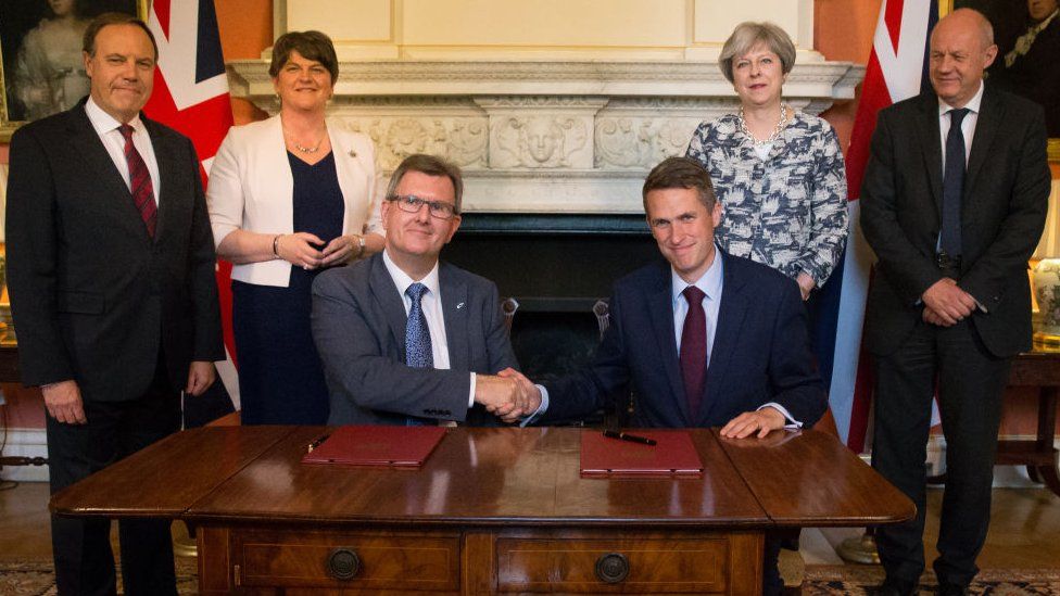 Gavin Williamson shakes hands with the DUP's Sir Jeffrey Donaldson