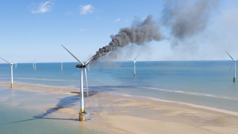 Smoke billowing from a wind turbine off the coast of Great Yarmouth