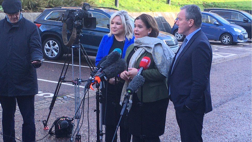 The Sinn Féin team speak to the media after fresh talks at Stormont on Monday