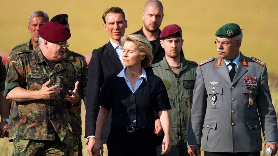 German Defence Minister Ursula von der Leyen arrives on July 1, 2019 at the site of a fatal army helicopter crash