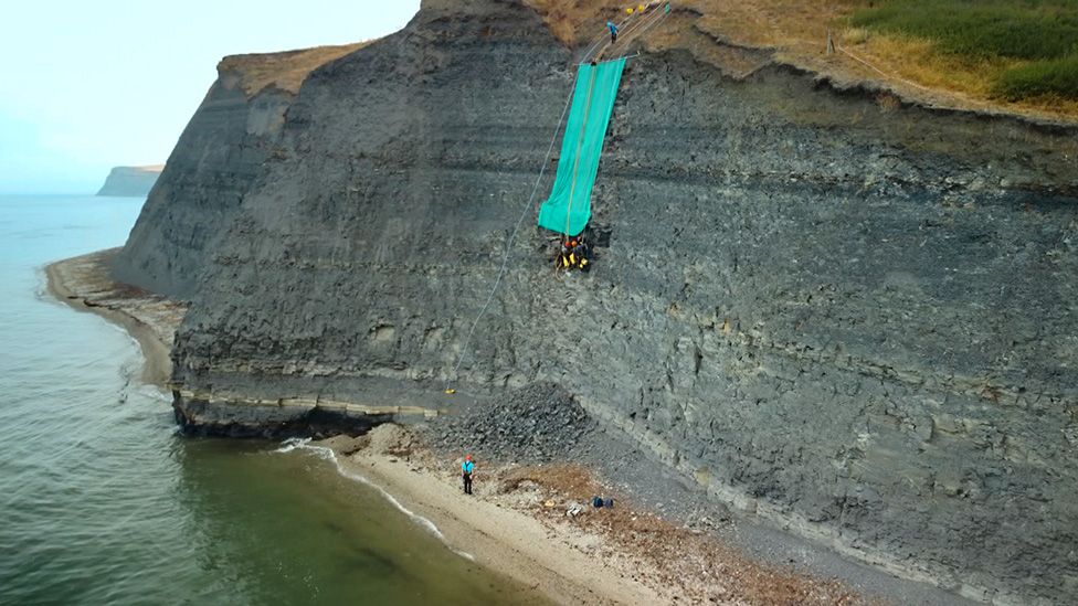 Excavation being conducted half way up a cliff face above a beach