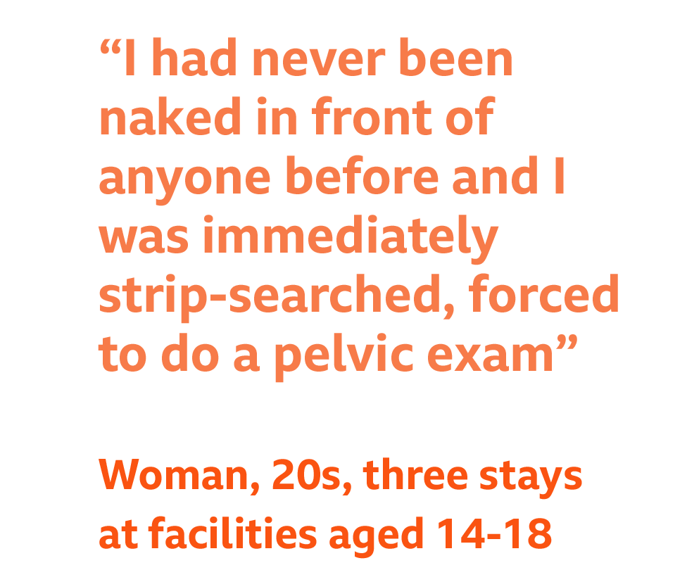 Quote - "I had never been naked in front of anyone before and I was immediately strip-searched, forced to do a pelvic exam" Woman, 30s, multiple facilities aged 14-18