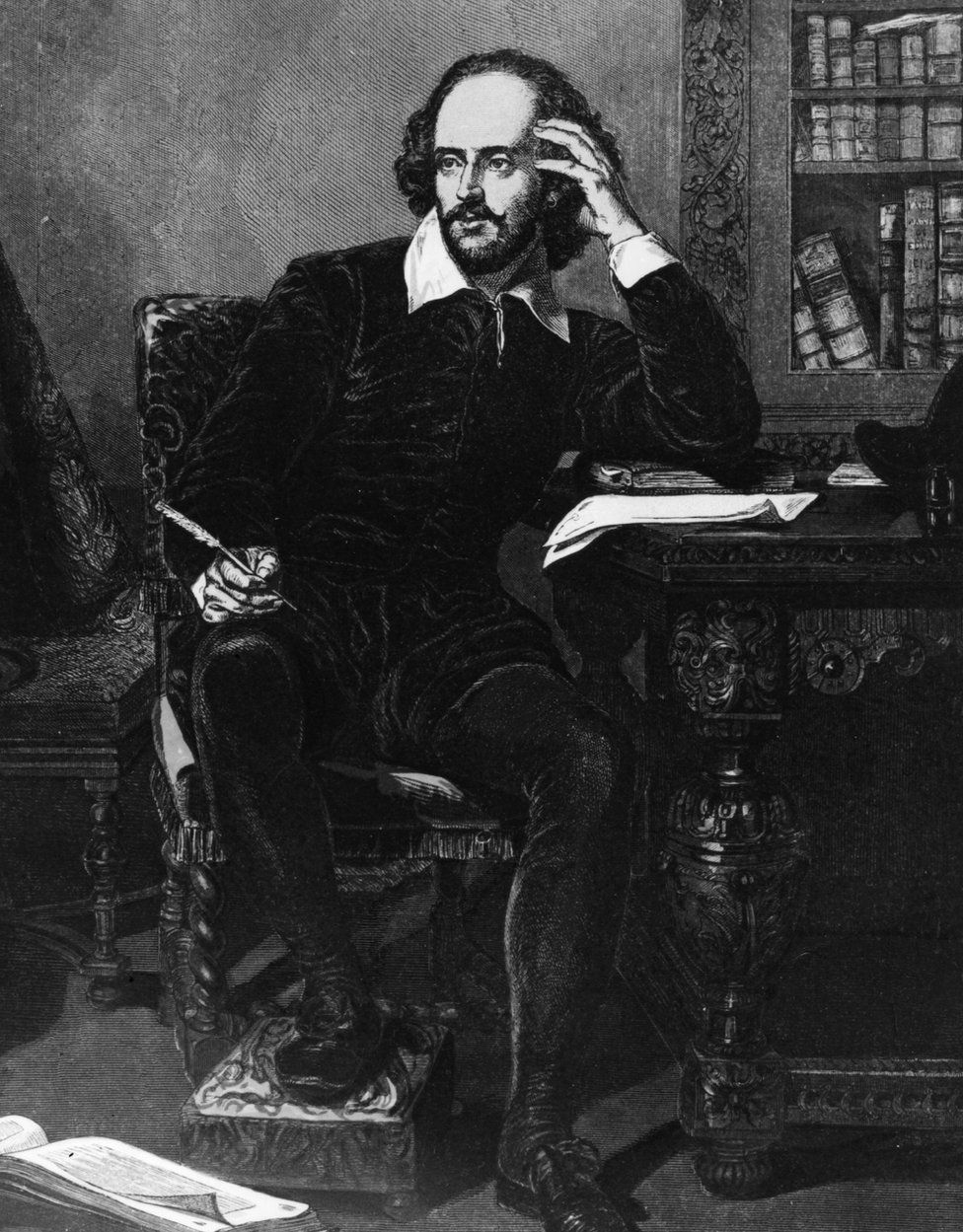 William Shakespeare (1564 - 1616) at his desk circa 1600