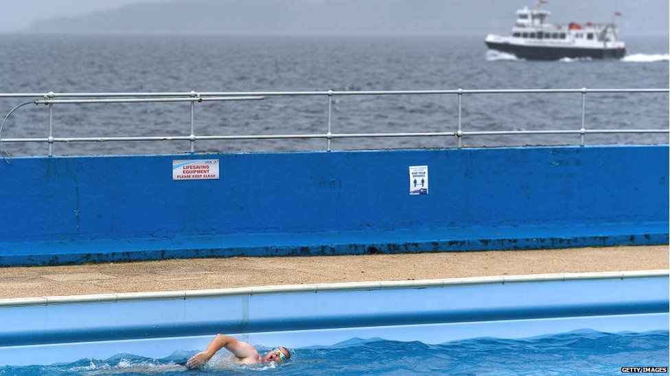 A swimmer at Gourock lido in 2020