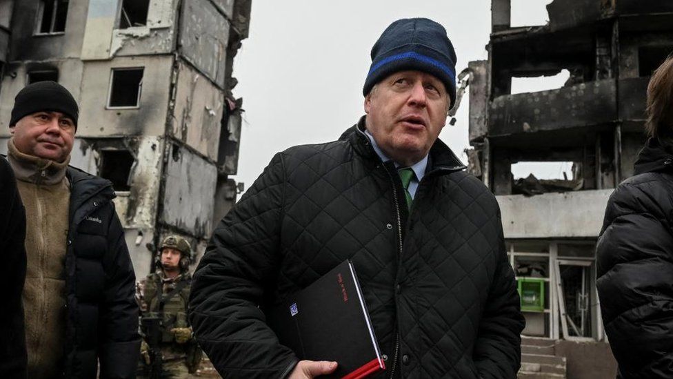 Boris Johnson visits the town of Borodyanka near Kyiv