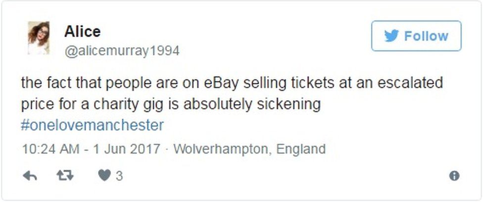 the fact that people are on eBay selling tickets at an escalated price for a charity gig is absolutely sickening #onelovemanchester