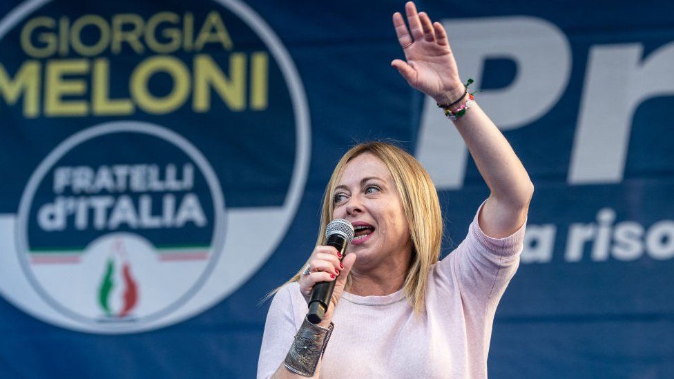Giorgia Meloni leader of the "Fratelli d'Italia" party speaks at a political rally on September 18, 2022 in Caserta, Italy