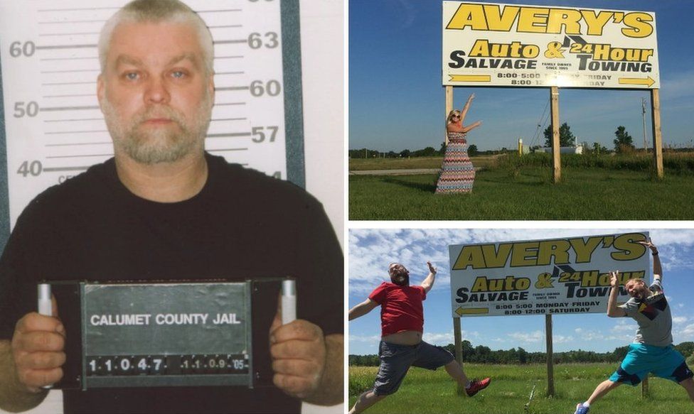 Mugshot of Steven Avery and people posing next to signs