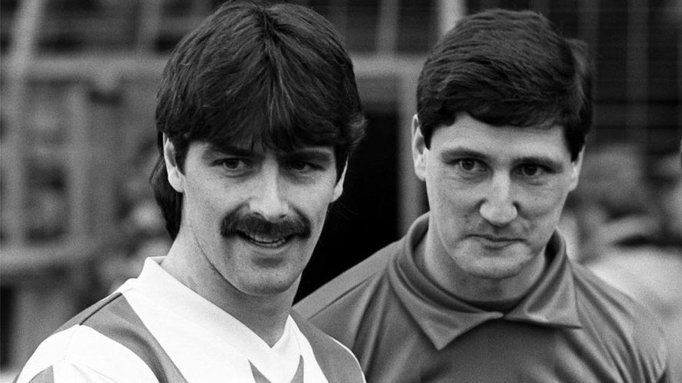 Jim Platt alongside Felix Healy (left) during his time in charge of Irish league side Coleraine in the 1980s