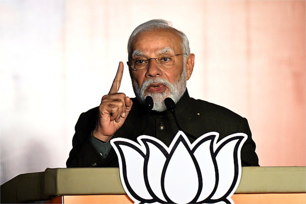 Narendra Modi, India's prime minister, speaks at the Bhartiya Janata Party (BJP) headquarters in New Delhi, India, on Sunday, Dec. 3, 2023.