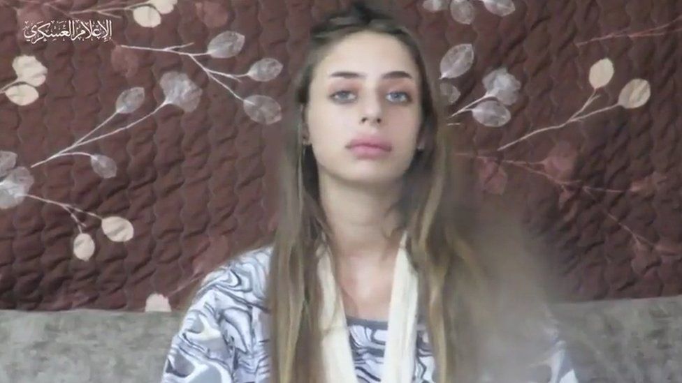 Mia Shem, pictured in a hostage video after she was captured by Hamas
