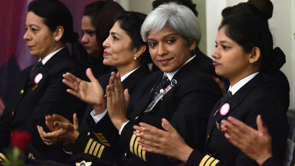 Female pilots for Air India, the country's state owned carrier, applaud.