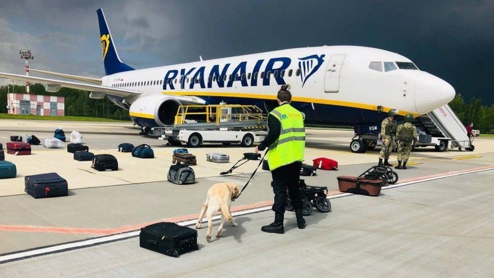 Sniffer dog checks bags taken off Ryanair flight at Minsk