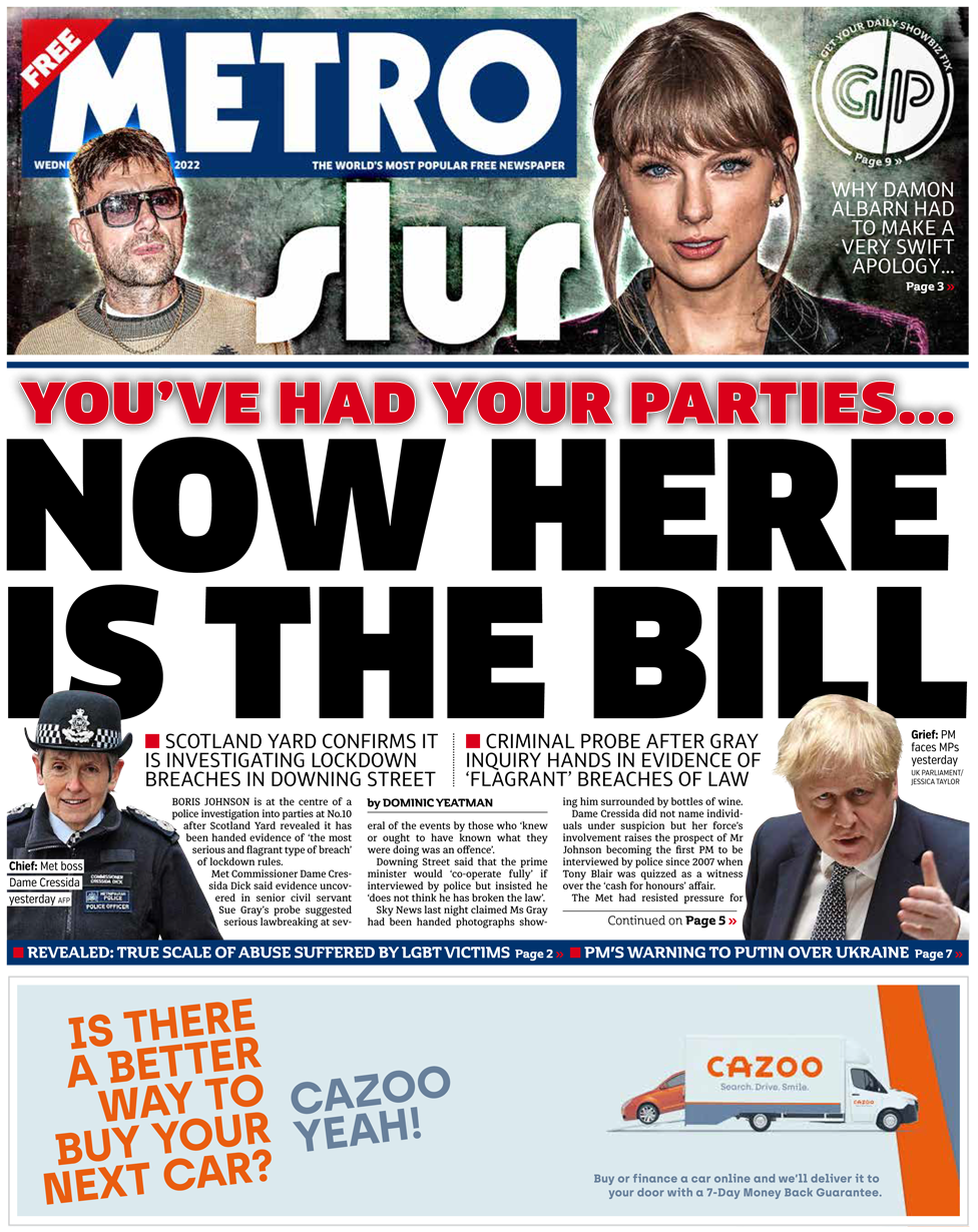 Front page of the Metro