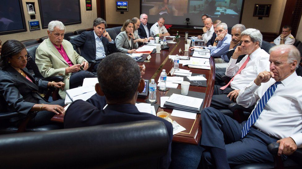 In this handout provided by the White House, U.S. President Barack Obama (C) meets in the Situation Room with his national security advisors to discuss strategy in Syria