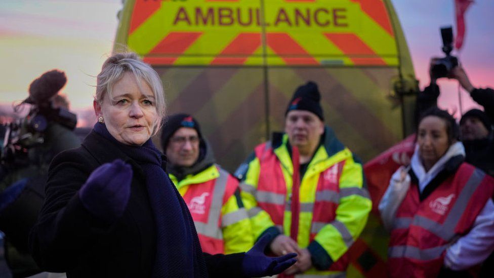 Sharon Graham with striking ambulance workers