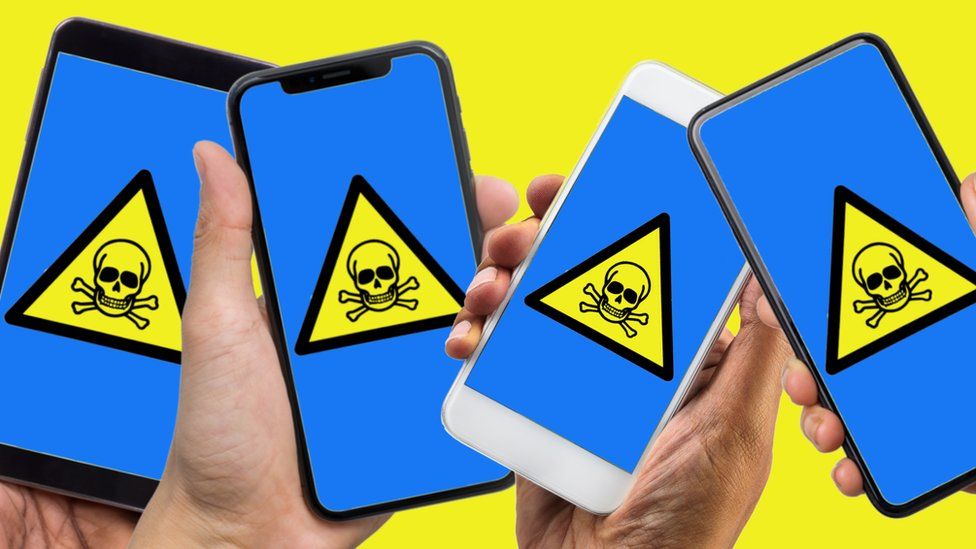 Illustration of several smartphones with poison symbols on the screen