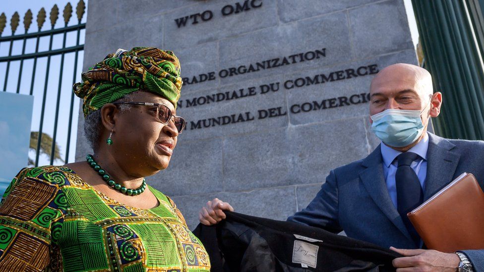 Ngozi Okonjo-Iweala at the entrance to the WTO in Geneva, 1 March