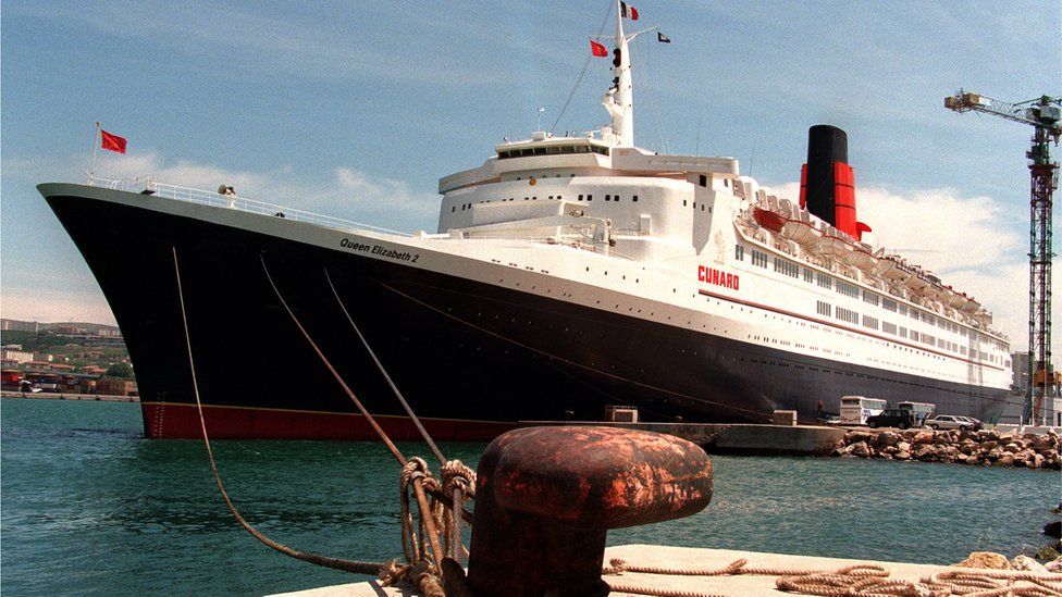 The QE2 anchored in the harbour at Marseille for a stopover in 1996