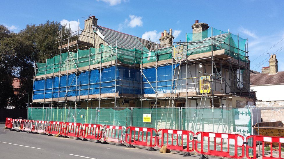 560 London Road, Lowestoft, with scaffolding around it during renovation work