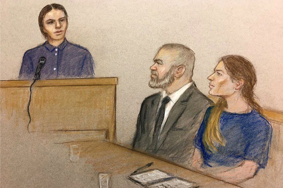 A court drawing of Coleen and Wayne Rooney and Rebekah Vardy in court