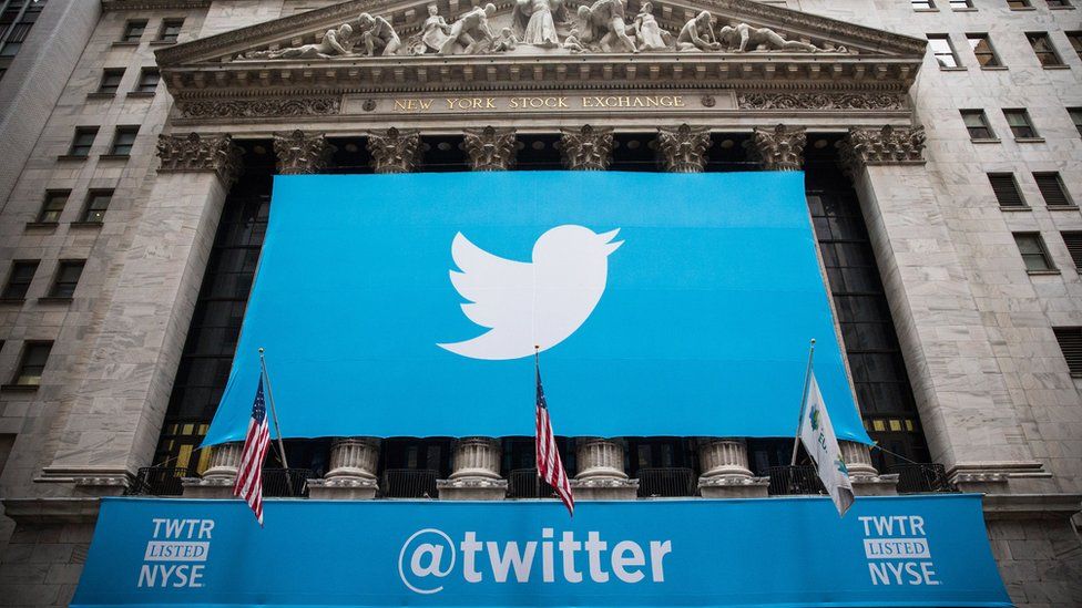 The Twitter logo is displayed on a banner outside the New York Stock Exchange (NYSE) on 7 November 2013 in New York City.