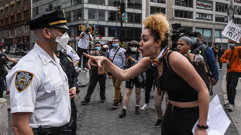 Protesters clash with police during a rally against the death of Minneapolis, Minnesota man George Floyd at the hands of police on May 28, 2020 in Union Square in New York City.