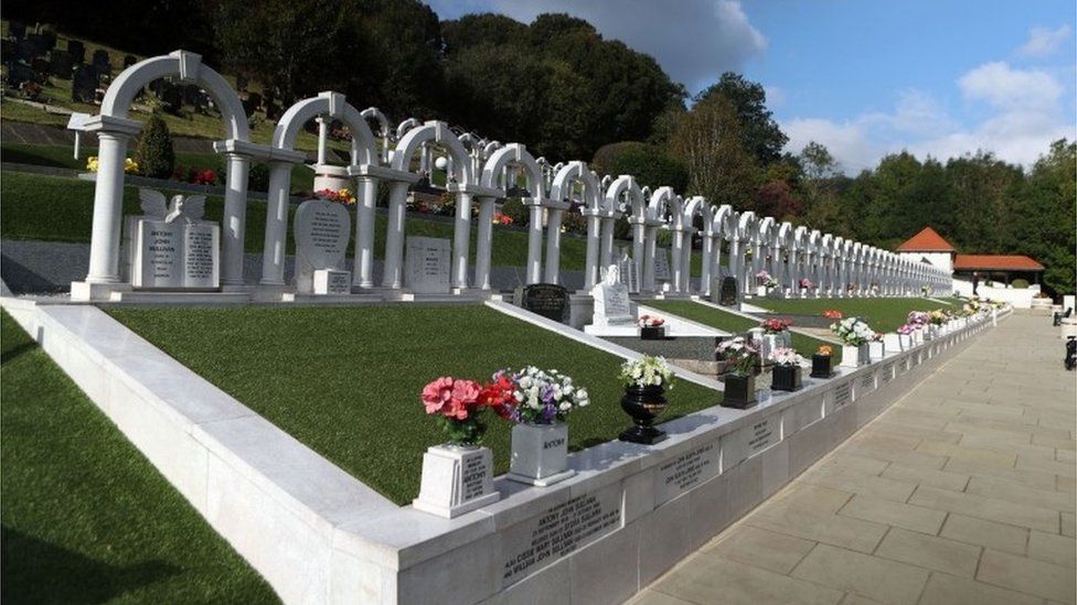 The graves of the victims of the Aberfan disaster in the village's cemetery