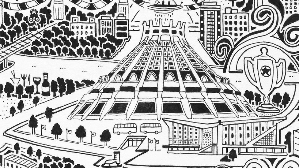 Artist Gareth Fuller draws tourist map of Pyongyang - BBC News