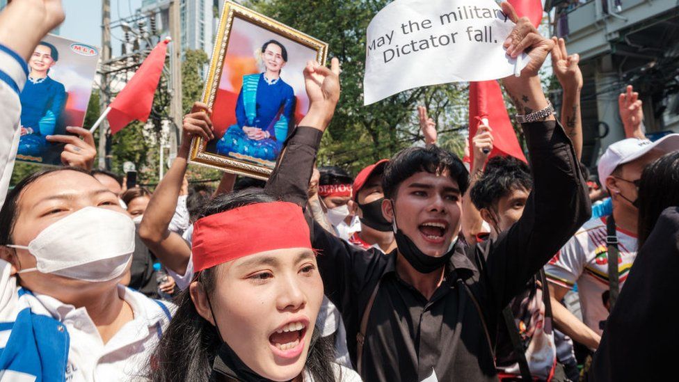 Protesters gather in front of the Myanmar Embassy in Bangkok, Thailand