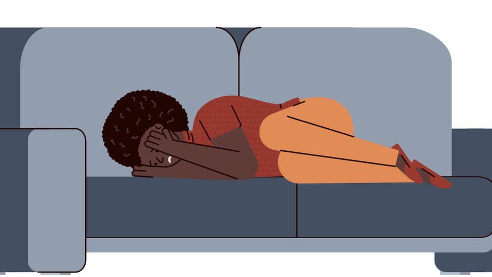 Graphic of woman lying on a sofa crying