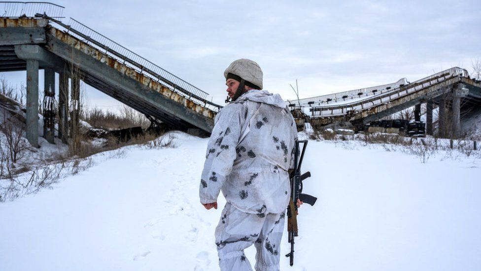 A Ukrainian soldier outside Donetsk, 1 February